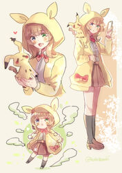  :d absurdres black_legwear blue_eyes blush bow brown_background brown_footwear brown_hair brown_skirt cellphone commentary crossover danganronpa_(series) danganronpa_3_(anime) english_commentary female full_body green_eyes green_jacket hakamii heterochromia highres holding holding_pokemon hood hood_up jacket kneehighs loafers long_hair long_sleeves mimikyu multiple_views on_shoulder open_clothes open_mouth orange_bow phone pleated_skirt pokemon pokemon_(creature) pokemon_on_shoulder red_bow shirt shirt_tucked_in shoes skirt smartphone smile socks standing umesawa_aiko white_background white_shirt 