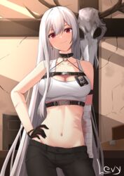  animal_skull arm_strap artist_name azur_lane bandaged_arm bandages bare_shoulders black_collar black_gloves black_pants breasts buckle chest_strap cleavage collar collarbone cowboy_shot crop_top english_commentary female gloves groin hair_between_eyes hand_on_own_hip highres indoors large_breasts levy_(comradlevy) long_hair looking_at_viewer midriff mole mole_on_body mole_under_eye multiple_straps navel o-ring official_alternate_costume pants police_badge red_eyes scar sidelocks smile snap-fit_buckle solo sovetskaya_rossiya_(azur_lane) sovetskaya_rossiya_(the_lackadaisical_lookout)_(azur_lane) sports_bra standing underbust very_long_hair white_hair white_sports_bra 