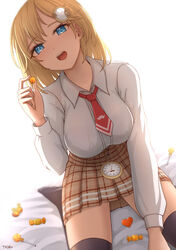  absurdres bangs black_legwear blonde_hair blue_eyes breasts candy eyebrows_visible_through_hair female food hair_ornament highres hololive hololive_english large_breasts necktie open_mouth pleated_skirt pocket_watch short_hair skirt smile tfqr thighhighs virtual_youtuber watch watson_amelia 