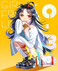  aged_down asymmetrical_legwear bad_id bad_pixiv_id bag bandaid bandaid_on_face bandaid_on_nose bare_shoulders black_footwear black_hair blush boba c-ms_(girls&#039;_frontline) c-ms_(the_wonderful_adventures_of_goose)_(girls&#039;_frontline) choker commentary copyright_name female fish girls&#039;_frontline grey_legwear halftone halftone_background heart heart_print highres long_hair long_sleeves looking_at_viewer mismatched_legwear mouth_hold multicolored_hair off-shoulder_shirt off_shoulder official_alternate_costume polka_dot polka_dot_legwear red_eyes shirt shoes sleeves_past_fingers sleeves_past_wrists socks solo squatting striped_clothes striped_socks very_long_hair white_hair white_shirt yellow_background yellow_choker yellow_legwear 