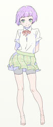  araki_rena barefoot bike_shorts blunt_bangs collared_shirt commentary_request enkyo_yuuichirou female full_body green_eyes green_skirt grey_background looking_at_viewer neck_ribbon pleated_skirt purple_hair red_ribbon ribbon shirt short_hair short_sleeves skirt smile solo standing tokyo_7th_sisters white_shirt wing_collar 