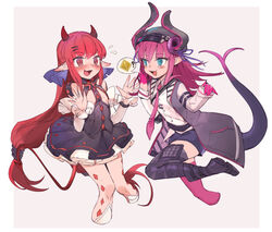  2girls ? arknights belt blue_eyes blush boots cosplay costume_switch demon_horns demon_tail dragon_horns dragon_tail dress elizabeth_bathory_(fate) elizabeth_bathory_(fate/extra_ccc) elizabeth_bathory_(fate/extra_ccc)_(cosplay) elizabeth_bathory_(first_ascension)_(fate) elizabeth_bathory_(first_ascension)_(fate)_(cosplay) fate/extra fate/extra_ccc fate/grand_order fate_(series) hat highres horns jacket long_hair multiple_girls necktie nemo_(leafnight) open_mouth photoshop_(medium) pink_hair red_hair sweatdrop tail tied_hair vigna_(arknights) vigna_(arknights)_(cosplay) 