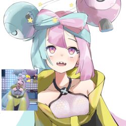  absurdres blush breasts character_hair_ornament collarbone commentary dizzy eyelashes female green_hair hair_ornament highres iono_(pokemon) jacket long_hair open_mouth pink_hair pokemon pokemon_sv purple_eyes reference_inset rolling_eyes shirt sleeveless sleeveless_shirt solo spice_mega teeth tongue upper_body upper_teeth_only white_background yellow_jacket 