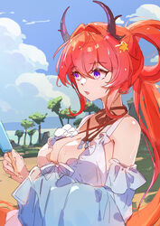  absurdres arknights bare_shoulders bikini blue_sky breasts cloud criss-cross_halter day detached_sleeves female food hair_between_eyes hair_intakes hair_rings halterneck highres holding holding_food long_hair official_alternate_costume outdoors parted_lips ponytail popsicle purple_eyes red_hair sao7 sky solo surtr_(arknights) surtr_(colorful_wonderland)_(arknights) swimsuit tree upper_body very_long_hair 