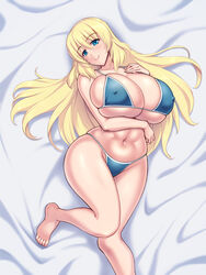  aqua_eyes arm_under_breasts atago_(kancolle) bikini blonde_hair blue_bikini breasts covered_nipples female hair_between_eyes hand_on_own_chest huge_breasts kantai_collection kawanuma_uotsuri long_hair looking_at_viewer lying navel on_back smile swimsuit 