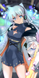  atoshi bare_shoulders blue_dress blue_eyes blue_hair breasts cleavage closed_mouth clothing_cutout coat contrapposto cowboy_shot dress female gradient_hair headphones highres long_hair looking_at_viewer medium_breasts monster_strike multicolored_hair narrow_waist neo_(monster_strike) open_clothes open_coat pink_hair short_dress sleeveless sleeveless_dress solo tareme turtleneck very_long_hair 