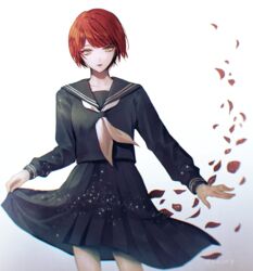  alternate_costume black_shirt black_skirt collarbone commentary_request danganronpa_(series) danganronpa_2:_goodbye_despair female freckles koizumi_mahiru leaf long_sleeves looking_at_viewer red_hair sakuyu school_uniform serafuku shirt short_hair simple_background skirt solo white_background 