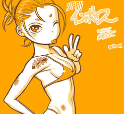  :p arm_tattoo bikini bikini_day breasts female flower_tattoo highres looking_at_viewer monochrome one_eye_closed orange_background original short_eyebrows short_hair short_ponytail simple_background small_breasts solo swimsuit tamaki_nozomu tattoo tongue tongue_out upper_body v 