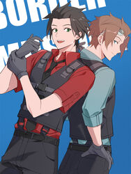  2boys arashiyama_jun belt black_belt black_gloves black_hair black_necktie black_pants black_vest blue_background blue_eyes blue_shirt brown_hair closed_mouth collared_shirt cowboy_shot eyewear_on_head gloves green_eyes hand_on_own_hip hands_up highres jin_yuuichi male_focus multiple_boys necktie open_mouth pants red_shirt shirt short_hair short_sleeves smile standing vest world_trigger yawai_tofu 