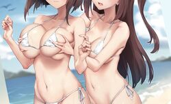  2girls 3: beach bikini blurry blurry_background breasts brown_hair chinese_commentary commentary_request day deep_skin depth_of_field fisheye grabbing grabbing_another&#039;s_breast grabbing_from_behind head_out_of_frame highleg highleg_bikini large_breasts long_hair lowleg lowleg_bikini medium_breasts micro_bikini multiple_girls navel oerba_yun_fang one_side_up oopartz_yang open_mouth outdoors second-party_source shiny_skin short_hair side-tie_bikini_bottom sidelocks skin_fang string_bikini sweat sweatdrop swimsuit white_bikini xiaohong_(you_can_eat_the_girl) xiaoqing_(you_can_eat_the_girl) you_can_eat_the_girl yuri 