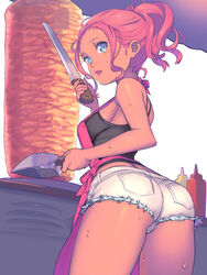  apron ass back bare_shoulders blue_eyes bottle breasts commentary_request cooking cowboy_shot cutoffs dark-skinned_female dark_skin denim denim_shorts enkyo_yuuichirou female food food_stand from_behind grill headwear_writing highres hisho_collection holding ketchup knife lipstick looking_at_viewer looking_back makeup meat medium_breasts mustard open_mouth pink_lips pocket ponytail red_hair rotisserie shawarma short_shorts shorts sideboob solo standing sweat tank_top thighs tongue tongue_out underbutt vertical_rotisserie white_background white_shorts 