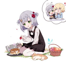  ! 2girls aged_down animal basket black_dress blonde_hair blush braid braided_bangs bug butterfly closed_eyes crystalfly_(genshin_impact) dress drooling feline flower food fruit full_body genshin_impact green_eyes grey_hair hair_flower hair_ornament heart highres lighter-than-air_pancake_(genshin_impact) lolicon long_sleeves lumine_(genshin_impact) mouth_drool multiple_girls multiple_views noelle_(genshin_impact) pantyhose parted_lips rose short_hair short_hair_with_long_locks sitting two_side_up white_pantyhose yajuu 