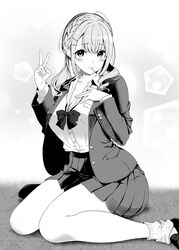  bow bowtie braid breasts closed_mouth collared_shirt commentary_request female french_braid greyscale hand_on_own_chest hands_up highres jacket kyojiri_jk_nirugame-chan large_breasts loafers looking_at_viewer loose_socks low_twintails masaoka_misaki medium_hair monochrome nirugame-chan open_clothes open_jacket pleated_skirt school_uniform shirt shirt_tucked_in shoes sitting skirt smile socks solo twintails v wariza 