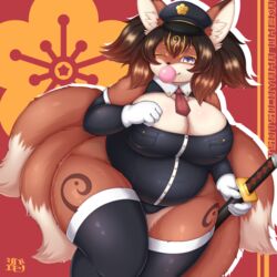  1:1 2022 4_fingers 4_tails anthro armwear belly big_breasts blowing_bubble_gum breasts brown_body brown_fur brown_hair bubble bubble_gum candy canid canine chest_tuft cleavage cleavage_cutout clothed clothing cutout dessert digital_media_(artwork) dipstick_ears dipstick_tail ear_markings female female_anthro fingers food fox fur gloves gum hair handwear hat headgear headwear hi_res huge_breasts inflating inner_ear_fluff japanese_description katana kemono legwear leotard looking_at_viewer mammal markings melee_weapon multi_tail multicolored_body multicolored_ears multicolored_fur multicolored_tail necktie one_eye_closed overweight overweight_anthro overweight_female portrait purple_eyes shibaemonxsk shirt_collar signature solo sword tail tail_markings text thick_thighs thigh_highs three-quarter_portrait tight_clothing translated_description tuft two_tone_body two_tone_fur weapon white_body white_fur wide_hips wink 