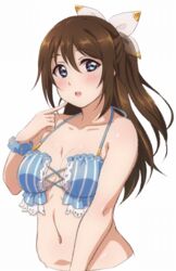  bikini blue_bikini blue_eyes blue_scrunchie blush breasts brown_hair collarbone commentary_request cropped_torso cross-laced_bikini cross-laced_clothes female finger_to_cheek frilled_bikini frills hair_ribbon half_updo halterneck i_cannot_afford_to_slip_here!_(love_live!) looking_at_viewer love_live! love_live!_nijigasaki_high_school_idol_club love_live!_school_idol_festival_all_stars navel official_alternate_costume open_mouth osaka_shizuku ribbon scrunchie small_breasts solo striped_bikini striped_clothes swimsuit transparent_ribbon turkey_min upper_body vertical-striped_bikini vertical-striped_clothes wrist_scrunchie 