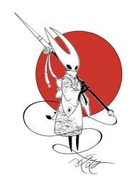  absurdres bell bug commentary_request female flag flag_background flower highres hollow_eyes hollow_knight hornet_(hollow_knight) horns japanese_clothes japanese_flag kimono lvl225 needle_(hollow_knight) no_humans polearm signature solo spear standing thread weapon 