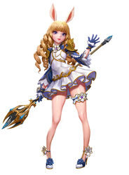  absurdres animal_ears arm_up blonde_hair blue_eyes blue_gloves bunny_ears curly_hair dospi dress elin_(tera) female full_body garters gloves high_heels highres legs lips long_hair official_art shoes short_dress simple_background smile solo staff symbol-shaped_pupils tera_online thighs waving weapon white_background white_dress white_footwear 