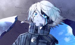  1boy android armor bleeding blood blood_on_face blue_eyes blue_sky blue_theme broken_glass commentary crying crying_with_eyes_open danganronpa_(series) danganronpa_v3:_killing_harmony glass grey_hair hair_between_eyes jingle_(mhb729) k1-b0 lying male_focus missing_limb on_back outdoors parted_lips power_armor shiny short_hair sky solo streaming_tears tears teeth upper_body water wide-eyed 