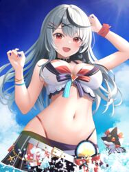  :d absurdres arm_up belt belt_collar bikini bikini_skirt black_hair blush braid breasts cleavage cloud collar commentary_request day female grey_hair hair_ornament hairclip heart heart_in_eye highres hololive hololive_summer_2023_swimsuit innertube inu_(sakamata_chloe) kuchitani large_breasts long_hair looking_at_viewer multicolored_hair navel orca outdoors red_eyes red_nails sakamata_chloe side_braid single_braid smile solo stomach streaked_hair swim_ring swimsuit symbol_in_eye two-tone_hair virtual_youtuber water white_belt x_hair_ornament 