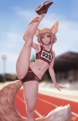  animal_ear_fluff animal_ears armpits artist_name bare_arms bare_legs bare_shoulders blonde_hair blue_sky blurry blurry_background braid buruma collarbone commentary crop_top day ear_piercing english_commentary female flat_chest flexible foot_out_of_frame fox_ears fox_girl fox_tail hand_on_own_leg highres khiara_(personal_ami) kneepits legs looking_at_viewer medium_hair midriff navel original outdoors personal_ami piercing red_footwear running_track shoes sky smirk sneakers solo split standing standing_on_one_leg standing_split tail tank_top track_and_field track_uniform twin_braids yellow_eyes 