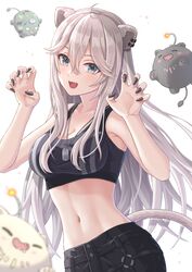  absurdres ahoge animal_ears black_shorts black_sports_bra breasts claw_pose cleavage dog_tags ear_piercing fangs female floating_hair grey_eyes grey_hair hair_between_eyes hands_up head_tilt highres hololive large_breasts lion_ears lion_girl lion_tail long_hair looking_at_viewer navel official_alternate_costume official_alternate_hairstyle open_mouth piercing shishiro_botan shishiro_botan_(button-down) shorts sidelocks simoumi_217 simple_background smile solo sports_bra ssrb_(shishiro_botan) striped striped_sports_bra tail vertical-striped_sports_bra very_long_hair virtual_youtuber white_background 