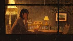  absurdres black_hair bookshelf chair closed_eyes female gemi grey_shirt highres lamp long_sleeves medium_hair original rain shirt solo table window 