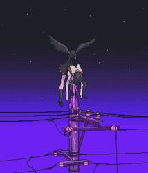  ame-chan_(needy_girl_overdose) bird black_footwear black_hair black_skirt black_socks blood collar collared_shirt crow death eencya female full_body impaled jirai_kei medium_hair needy_girl_overdose night official_art pink_blood pixel_art power_lines red_shirt scene_reference shirt skirt sky socks star_(sky) tajuu-jinkaku_tantei_saiko twintails utility_pole white_collar 