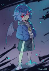  bat_wings blue_hair casual commentary_request cosplay female full_body glowing glowing_eyes hair_between_eyes hands_in_pockets highres hood hooded_jacket jacket keroti light_trail oerba_yun_fang pendant_watch red_eyes remilia_scarlet sans_(undertale) sans_(undertale)_(cosplay) shirt short_hair shorts simple_background slippers socks solo touhou undertale watch white_shirt wings 