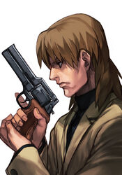  1boy brown_eyes brown_hair closed_mouth coat cyberpunk ghost_in_the_shell ghost_in_the_shell_stand_alone_complex gun handgun holding holding_gun holding_weapon hungry_clicker male_focus manly mateba_m-m2007 mullet profile revolver solo sweater togusa_(gits) turtleneck turtleneck_sweater weapon white_background 