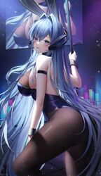  absurdres animal_ears arm_strap ass azur_lane bad_id bad_twitter_id bare_shoulders black_leotard black_pantyhose blue_eyes blue_hair bodystocking breasts commentary feet_out_of_frame female from_side glowstick hair_intakes highres large_breasts leotard long_hair looking_at_viewer looking_to_the_side meoyo new_jersey_(azur_lane) new_jersey_(exhilarating_steps!)_(azur_lane) official_alternate_costume pantyhose parted_lips playboy_bunny pole rabbit_ears screen sideboob smile solo standing strapless strapless_leotard stripper_pole very_long_hair wrist_cuffs 