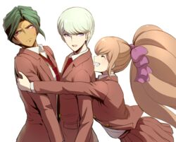  2boys :d big_hair bow boy_and_girl_sandwich brown_hair brown_jacket brown_skirt collared_shirt commentary_request danganronpa_(series) danganronpa_v3:_killing_harmony female frown green_hair hair_ornament hairbow hope&#039;s_peak_academy_school_uniform hug jacket long_hair long_sleeves multiple_boys munakata_kyousuke necktie open_clothes open_jacket open_mouth pink_bow ponytail purple_eyes red_necktie ribbon sakakura_juuzou sandwiched school_uniform shirt short_hair skirt smile sweatdrop teeth upper_body upper_teeth_only white_hair white_shirt youko-shima yukizome_chisa 