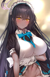  ahoge black_hair blue_archive blue_bow blurry blurry_background blush bow breasts clothes_lift dark-skinned_female dark_skin dress dress_lift embarrassed female gloves halo highres karin_(blue_archive) large_breasts long_hair looking_at_viewer maid maid_headdress navel solo very_long_hair white_gloves yellow_eyes yuyu_(yuyuworks) 