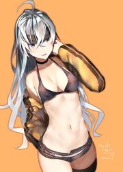  ahoge araido_kagiri bare_shoulders belt black_bra black_thighhighs bra breasts choker cleavage commentary_request cowboy_shot dated female grey_hair hair_between_eyes halterneck hand_up headband highres jacket long_hair long_sleeves looking_at_viewer medium_breasts micro_shorts navel off_shoulder open_clothes open_jacket orange_background orange_jacket original parted_lips red_eyes shorts signature smile solo stomach thighhighs underwear very_long_hair 