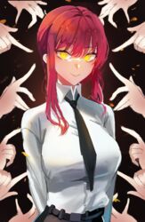  absurdres black_background black_necktie braid braided_ponytail breasts chainsaw_man closed_mouth collared_shirt commentary_request female formal hands highres long_sleeves looking_at_viewer makima_(chainsaw_man) medium_breasts medium_hair necktie office_lady red_hair ringed_eyes shirt sidelocks simple_background smile solo suit wellski white_shirt yellow_eyes 