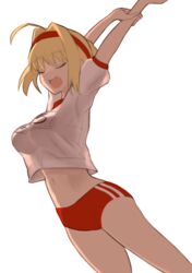  ahoge bad_id bad_twitter_id blonde_hair blush braid breasts buruma closed_eyes dh_ead fate/extra fate/grand_order fate_(series) female french_braid gym_shirt gym_uniform hair_between_eyes hair_bun hair_intakes headband large_breasts long_hair midriff navel nero_claudius_(fate) nero_claudius_(olympian_bloomers)_(fate) no_bra official_alternate_costume open_mouth red_buruma red_headband see-through_silhouette shirt single_hair_bun smile solo stretching thighs 