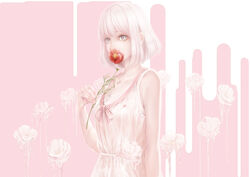  arm_at_side bad_id bad_pixiv_id bob_cut bouno_satoshi bow dress female flower flower_in_mouth grey_eyes hand_up highres jewelry looking_at_viewer necklace original pink_hair short_hair solo upper_body 