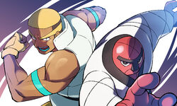  1boy biceps blonde_hair brown_hair clenched_hand commentary_request dark-skinned_male dark_skin fingerless_gloves furrowed_brow gloves male_focus marshal_(pokemon) momoji_(lobolobo2010) mouth_guard multicolored_hair muscular muscular_male open_mouth pokemon pokemon_(creature) pokemon_bw short_hair sleeveless teeth throh tongue two-tone_hair upper_body yellow_gloves 