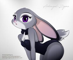  anthro arkangel-zigma bent_over bow_(feature) bow_in_front bow_tie breasts bunny_costume clothing costume disney ears_back female fur grey_body grey_fur judy_hopps lagomorph leporid looking_at_viewer mammal pink_nose pivoted_ears purple_eyes rabbit simple_background small_breasts solo text url white_background zootopia 