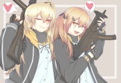  2girls :d black_gloves black_jacket black_ribbon blonde_hair commentary cube85 fingerless_gloves girls&#039;_frontline gloves grey_background grin gun hair_between_eyes hair_ornament hair_ribbon hairclip hand_up heart highres holding holding_gun holding_weapon jacket long_hair long_sleeves looking_at_viewer multiple_girls oerba_yun_fang one_eye_closed one_side_up open_clothes open_jacket open_mouth outside_border ribbon rifle scar scar_across_eye scar_on_face shirt sidelocks simple_background smile spoken_heart submachine_gun trigger_discipline ump45_(girls&#039;_frontline) ump9_(girls&#039;_frontline) upper_body weapon white_shirt yellow_eyes 