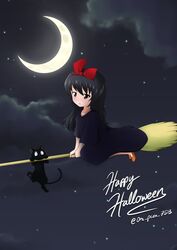  black_cat black_dress black_hair broom broom_riding brown_eyes brown_footwear cloud commentary cosplay cursive dark_clouds dress english_text feline female flying girls_und_panzer hair_ribbon hairband halloween halloween_costume happy_halloween kiki_(majo_no_takkyuubin) kiki_(majo_no_takkyuubin)_(cosplay) long_dress long_hair majo_no_takkyuubin night night_sky open_mouth orc_peon_7503 outdoors red_ribbon reizei_mako ribbon shoes sky solo star_(sky) starry_sky twitter_username white_hairband 