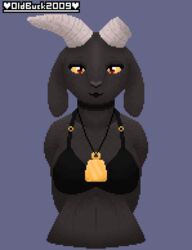  absurd_res anthro bell big_breasts biped black_body black_bra black_clothing black_fur black_underwear bovid bovid_horn bra breasts broken_horn caprine caprine_horn choker clothed clothing digital_media_(artwork) female floppy_ears fur goat goat_horn hands_behind_back hi_res horn jewelry mammal necklace oldbuck2009 pixel_(artwork) red_eyes simple_background solo symmetry underwear 