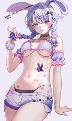  10_plus absurdres animal_ears arm_support armband artist_name black_collar black_panties blue_nails blush bow bra braid breasts cassiopeia_(vtuber) character_name collar commentary commission cowboy_shot ear_piercing earrings english_text extra_ears facial_tattoo female frilled_armband frilled_bra frills gradient_hair hair_intakes hair_ornament hairbow hairclip hand_up heart heart_tattoo highres holding holding_own_hair indie_virtual_youtuber jewelry looking_at_viewer low_twin_braids medium_breasts multicolored_hair nail_polish navel panties piercing pink_hair pink_nails purple_armband purple_bra purple_eyes purple_hair rabbit_ears scrunchie short_shorts shorts simple_background skeb_commission solo star_(symbol) star_earrings star_tattoo stomach_tattoo string_panties tattoo twin_braids twitter_username underboob underwear virtual_youtuber wrist_scrunchie 