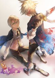  2boys ascot black_ascot black_footwear black_gloves black_jacket black_pants blonde_hair blood blood_in_hair blood_on_clothes blood_on_face blood_on_weapon bloody_handprints boots broken_bottle brooch collared_shirt dual_persona fate/grand_order fate_(series) full_body glasses gloves green_eyes grey_vest hair_between_eyes half_gloves handprint highres holding holding_knife jacket jacket_on_shoulders jekyll_and_hyde_(fate) jewelry knee_up knife looking_at_another male_focus multiple_boys pants parted_lips potion shirt short_hair simple_background sitting spill standing sweatdrop torn_clothes torn_jacket tsugutoku vest vial weapon white_shirt wide-eyed 