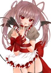  apron blush bound bound_arms brown_hair choker cowboy_shot demon_tail detached_wings female finger_to_mouth frilled_apron frilled_shirt_collar frills garter_straps grey_shirt highres long_hair looking_at_viewer mini_wings open_mouth original panties puffy_short_sleeves puffy_sleeves red_choker red_eyes red_panties red_ribbon ribbon ribbon_bondage shirt short_sleeves simple_background smug solo subetehakai tail thigh_gap thighhighs twintails underwear white_apron white_background wings 