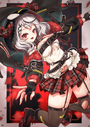  abstract_background black_gloves black_jacket boots breasts female fingerless_gloves garter_straps gloves hair_ornament highres hololive hood hood_up jacket kaiju_ryoku looking_at_viewer medium_breasts miniskirt oerba_yun_fang open_mouth outstretched_arms plaid plaid_skirt pleated_skirt red_eyes red_nails sakamata_chloe sakamata_chloe_(1st_costume) skirt solo thighhighs thighs torn_clothes torn_thighhighs virtual_youtuber white_hair x_hair_ornament 