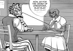  anthro beastars bird_dog black_body black_fur breasts butch/femme canid canine canis clothing domestic_dog duo esther_(greatlizardwizard) eyewear fan_character felid female female/female fur glasses hi_res hunting_dog labrador mammal monochrome ogling olivia_(greatlizardwizard) pantherine retriever school_uniform stare striped_body striped_fur stripes studying sunny_frostwolf tiger tomboy uniform white_body white_fur 