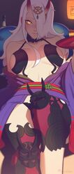  andrea_vaeyl breasts commentary cosplay cup eyeliner fate/grand_order fate_(series) female hair_over_one_eye horns japanese_clothes kimono large_breasts long_hair looking_at_viewer makeup obi off_shoulder open_clothes open_kimono original purple_kimono razalor reclining revealing_clothes sakazuki sash shuten_douji_(fate) shuten_douji_(fate)_(cosplay) skin-covered_horns solo white_hair yellow_eyes 