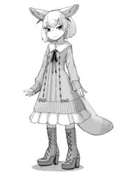  absurdres alternate_costume animal_ears boots commentary_request cross-laced_footwear dress female fennec_(kemono_friends) fox_ears fox_tail full_body greyscale hare_(tetterutei) high_heel_boots high_heels highres kemono_friends lace-up_boots long_sleeves monochrome short_hair simple_background solo standing tail wavy_mouth white_background 