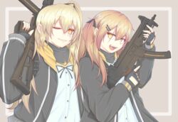  2girls :d black_gloves black_jacket black_ribbon blonde_hair commentary cube85 fingerless_gloves girls&#039;_frontline gloves grey_background grin gun hair_between_eyes hair_ornament hair_ribbon hairclip hand_up highres holding holding_gun holding_weapon jacket long_hair long_sleeves looking_at_viewer multiple_girls oerba_yun_fang one_eye_closed one_side_up open_clothes open_jacket open_mouth outside_border ribbon rifle scar scar_across_eye scar_on_face shirt sidelocks simple_background smile submachine_gun trigger_discipline ump45_(girls&#039;_frontline) ump9_(girls&#039;_frontline) upper_body weapon white_shirt yellow_eyes 