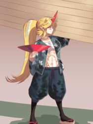  abs alternate_costume alternate_hairstyle baggy_shorts black_legwear blonde_hair blue_shorts carrying carrying_over_shoulder commentary_request cup female geta highres hoshiguma_yuugi long_hair looking_to_the_side muscle muscular_female pointy_ears ponytail sakazuki sandals sarashi shadow shorts solo sunyup touhou wide_sleeves 